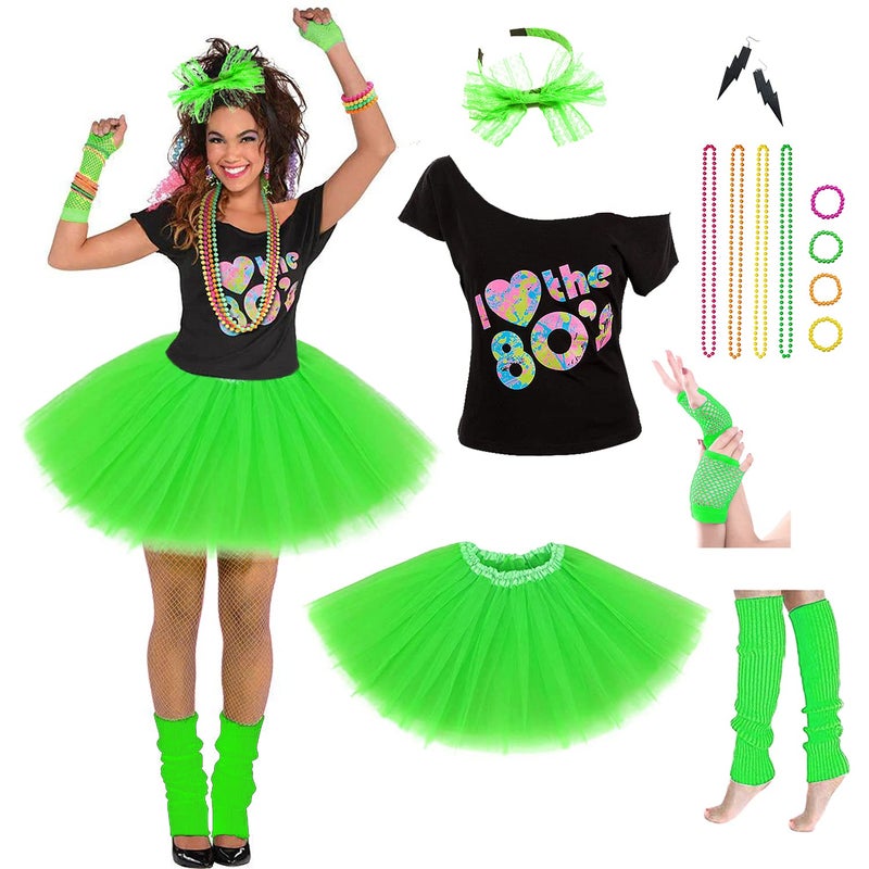 Leadtex Women's 80's Costumes with Accessories Set Green Tutu Skirt Earrings Necklace Bracelets Fishnet Gloves Legwarmers Headband Large(8-10) â€¦ - Image 1